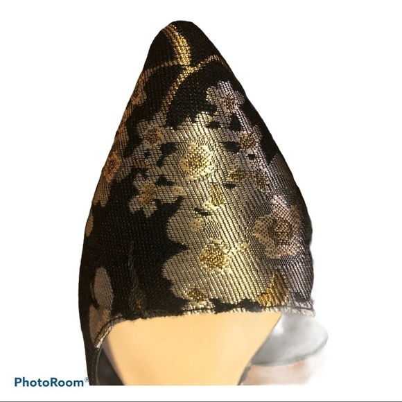 Nine West Flats Back Gold Metallic Foil Floral 5.5M Pointy Toe Shoe Career - Picture 4 of 5